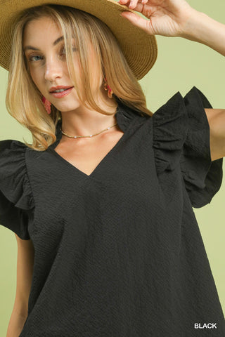 Black Textured Ruffle Sleeve V-Neck Blouse - Plus Size Available