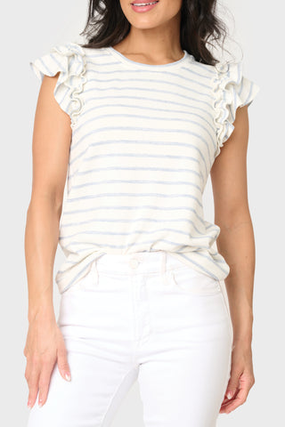 Chambray blue striped knit top with ruffle flutter sleeves and crew neckline, styled casually for everyday wear – JSQ Mercantile – a women’s boutique and gift shop in La Grange, IL.
