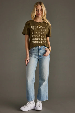 Bonfires, Flannels, S’mores Olive Graphic Tee – Cozy oversized fall t-shirt with ivory lettering | JSQ Mercantile – Women’s Boutique & Gift Shop in La Grange, IL