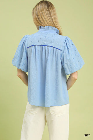 Eyelet Puff Sleeve Contrast Trim Top