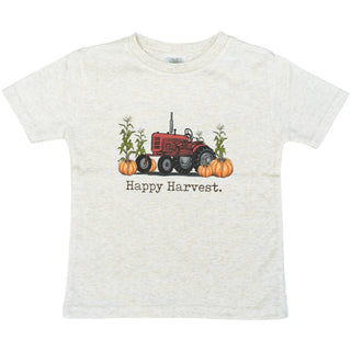 White t-shirt with a red tractor and pumpkins design on a white background