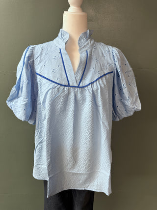 Eyelet Puff Sleeve Contrast Trim Top