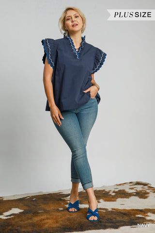 Navy Cotton Scallop Trim Ruffle Sleeve Top – Available in Plus Size!