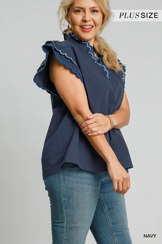 Navy Cotton Scallop Trim Ruffle Sleeve Top – Available in Plus Size!