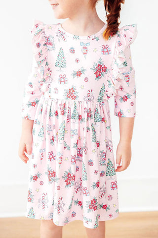 Pink Christmas 3/4 Sleeve Ruffle Twirl Dress