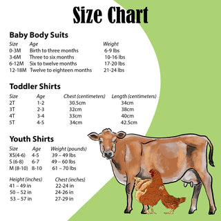 Size chart for baby, toddler, and youth shirts with illustrations of a cow and chickens on a green background.