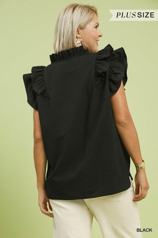 Black Textured Ruffle Sleeve V-Neck Blouse - Plus Size Available