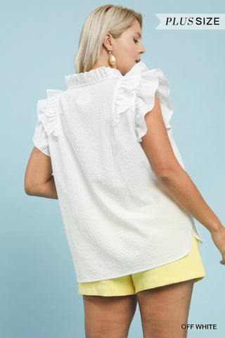 White Textured Ruffle Sleeve V-Neck Blouse - Plus Size Available