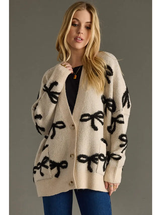 Cream Bow Cardigan – Women’s Knit Sweater with Black Bows | JSQ Mercantile