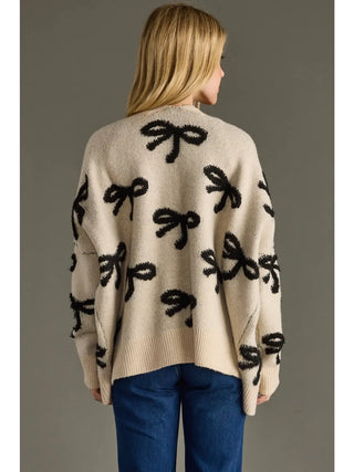 Cream Bow Cardigan – Women’s Knit Sweater with Black Bows | JSQ Mercantile