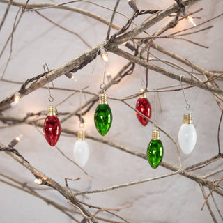 Set of 6 Green, Red & White Glass Bulb Ornaments
