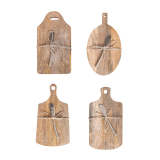 Mango Wood Cheese/Cutting Board w/ Handle & Canape Knife, 4 Styles, Set of 2
