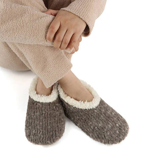 Grey Women’s teddy bear faux fur slippers with memory foam sole on display – JSQ Mercantile – a women’s boutique and gift shop in La Grange, IL.