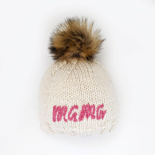 Hand-knit Mama Beanie in cream with bold cerise embroidery and faux fur pom pom | JSQ Mercantile – Women’s Boutique & Gift Shop in La Grange, IL