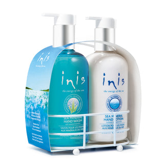 Inis Hand Care Caddy with hand wash and hand lotion bottles, 2 x 10 fl oz, featuring the fresh Energy of the Sea scent, displayed in a countertop caddy – JSQ Mercantile – a women’s boutique and gift shop in La Grange, IL.