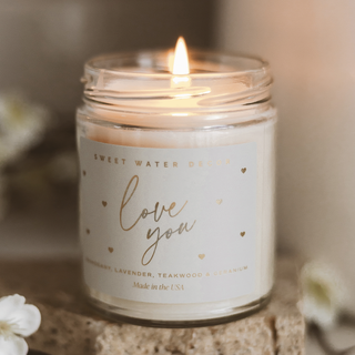 Love You Soy Candle by Sweet Water Candle – 9 oz hand-poured soy candle, JSQ Mercantile – a women’s boutique and gift shop in La Grange, IL.