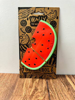 Wally the Watermelon Baby Teether by Oli & Carol – natural rubber eco-friendly teething toy shaped like a red slice of watermelon | JSQ Mercantile – Women’s Boutique & Gift Shop in La Grange, IL