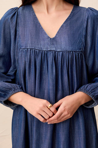 V-Neck Denim-Like Puff Sleeve Dress, Medium Wash | Tribal Clothing
